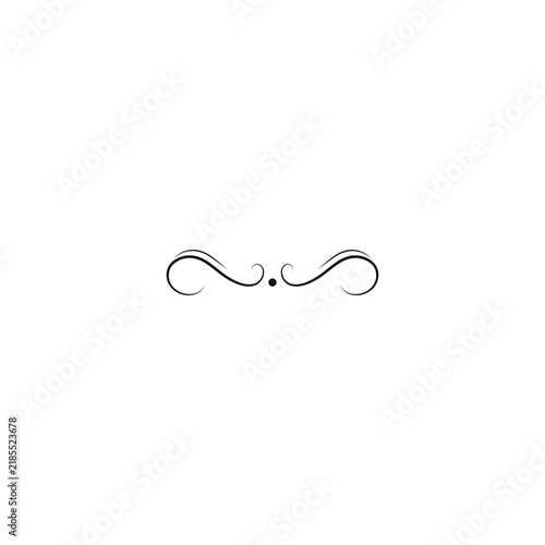 Minimalist line art illustration of an elegant horizontal text divider with symmetrical classic swirls and a center dot, isolated on a solid white background.