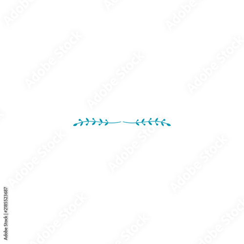 Minimalist line art illustration of a horizontal botanical text divider with symmetrical turquoise blue leafy branches, isolated on a solid white background.