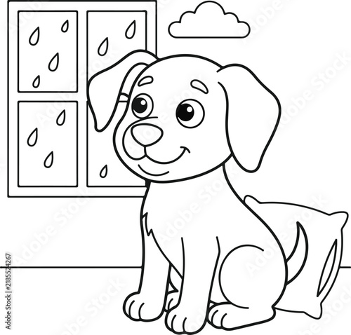 Cute cartoon puppy sitting indoors near a window on a rainy day, coloring page for kids
