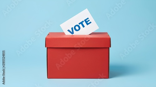 Red ballot box with white vote paper on blue background.