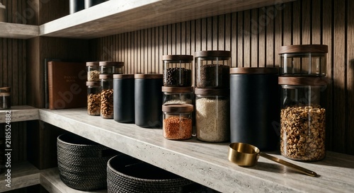 Modern pantry shelves organized with glass jars and containers for dry goods