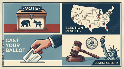 American voting process infographic with retro illustrations