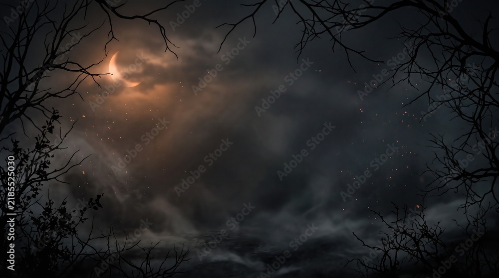 Obraz premium Halloween background dark night spooky forest with crescent moon eerie fog and creepy dead trees