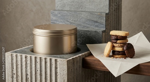 Round metallic container and delicious cookies on textured podium