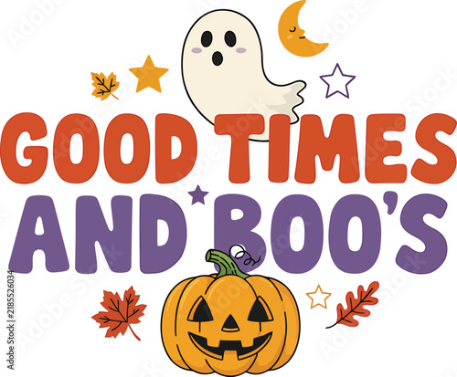 Halloween-themed ghost and jack-o'-lantern illustration with autumn leaves and stars