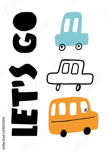 Cute little cars, truck. Cartoon cars adventures. Doodle hand drawn vector illustrations isolated on white background