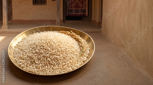 Brass Thali Filled with Harvested Rice in a Traditional Village Courtyard