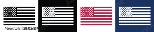 A collection of four stylized american flag designs featuring minimalist line art illustrations in black white red and blue color variations on isolated