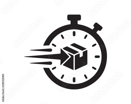 Konstfotografi Stopwatch timer icon with a fast moving package arrow illustrates express shipping, quick parcel delivery, and logistics speed
