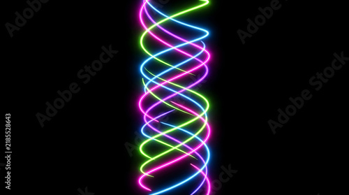 Abstract background with glowing neon light curves in vibrant pink and green colors on dark backdrop