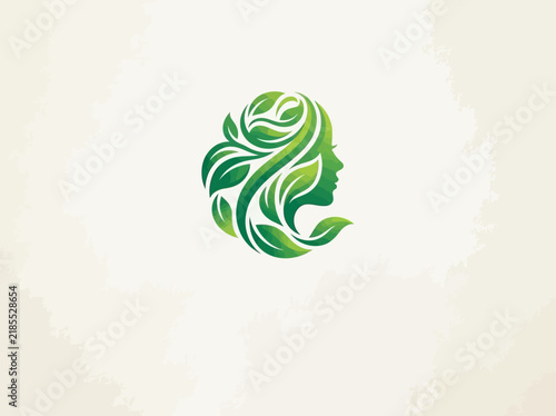Elegant Green Botanical Woman Profile Logo Featuring Natural Leaf Elements for Holistic Wellness and Organic Beauty Branding Concepts