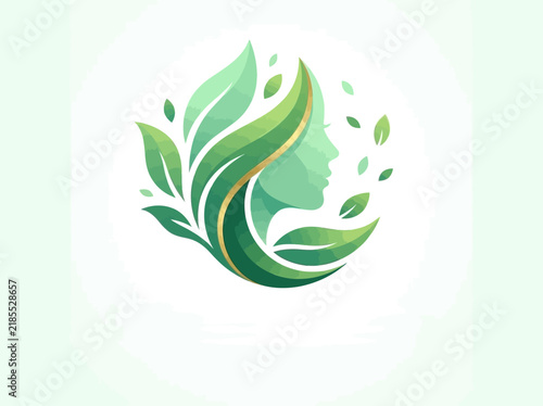 Elegant Feminine Profile Logo Design Featuring Organic Green Leaves and Botanical Foliage Elements for Sustainable Beauty and Natural Wellness Branding