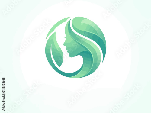 Abstract Green Eco Beauty Logo Design Featuring A Stylized Female Silhouette Profile Merged With Organic Leaf Elements For Natural Skincare