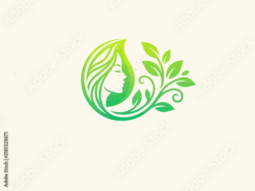 Elegant Woman Face Profile with Natural Organic Leaf Swirls for Eco Friendly Beauty and Holistic Wellness Brand Identity Concept