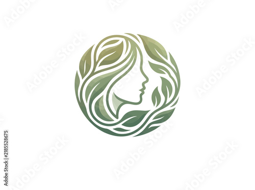 Circular Organic Woman Profile Logo Concept Featuring Stylized Green Foliage and Natural Beauty Elements for Sustainable Wellness Branding