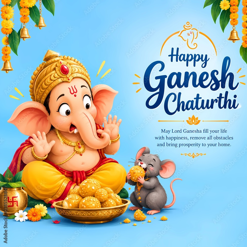 Fototapeta premium Happy Ganesh Chaturthi festive greeting card with cute baby Ganesha and mouse