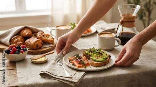 Person arranging a delicious breakfast table with avocado toast and fresh pastries.