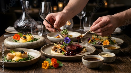 Professional Chef Plating Gourmet Dishes in Fine Dining Restaurant.