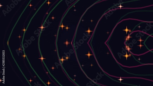 Abstract cosmic background with glowing neon curved lines and bright golden stars on dark space