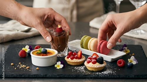 Hands decorating gourmet dessert platter with macarons mousse tarts and creme brulee.