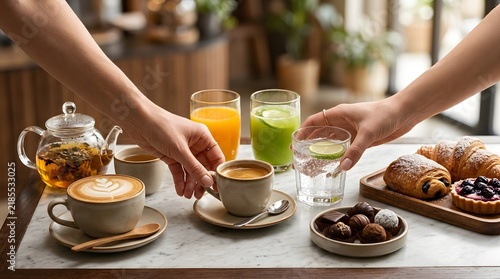Friends Enjoying a Relaxing Breakfast Together in a Cafe.
