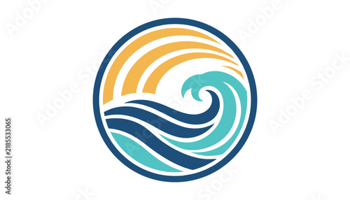 Circular sea wave and sun ray logo emblem in shades of blue, turquoise, and yellow on a white background.