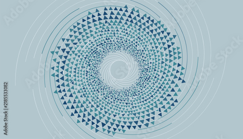 Hypnotic spiral pattern composed of blue and teal triangles arranged in concentric swirling lines on a grey background.