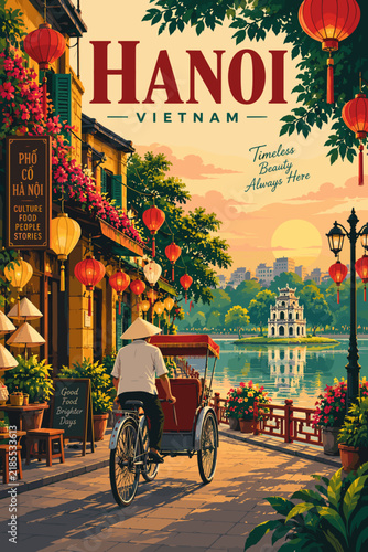 Hanoi Vietnam Travel Poster Illustration With Old Quarter Street Scene