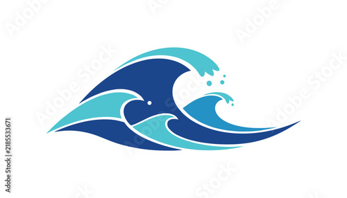 Stylized blue and turquoise ocean waves crashing with water droplets in a dynamic crest isolated on a white background.