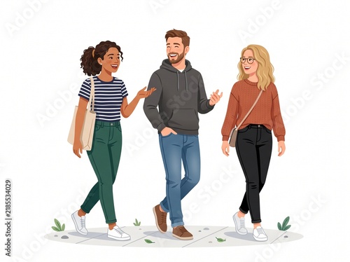 Three diverse young friends walking and talking together, isolated on white background