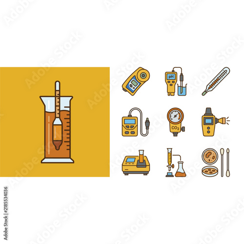 Flat design icon set for scientific measurement and quality control, featuring lab equipment and devices.