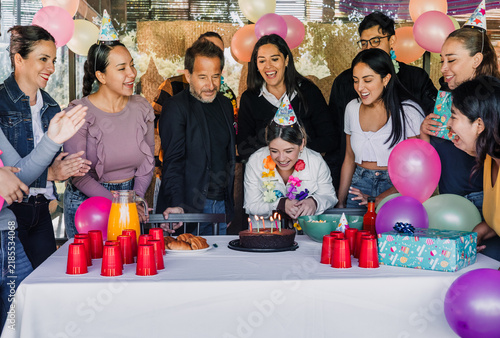 Canvas Print group of latin people family celebrating birthday party at terrace outdoors in Mexico Latin America
