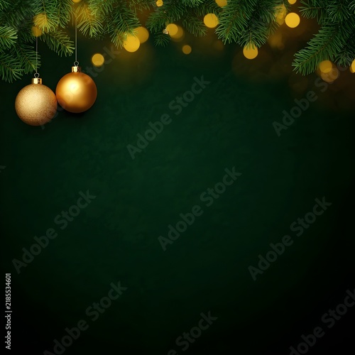 Festive Christmas and New Year holiday background with golden baubles and pine tree branches on dark green surface with copy space