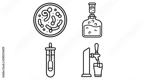 Microbiology petri dish, fermentation flask, thermometer, and beer tap with glass, flat line art icons