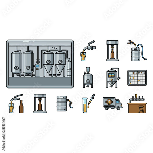 Vector icon set depicting brewery operations, including fermentation tanks, bottling, kegs, and a delivery truck.