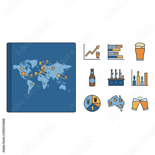 Vector illustration of beer consumption data and global distribution with charts, maps, and icons
