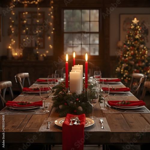 Festive Christmas Dinner Table Setting with Glowing Candles and Decorated Tree, Ready for a Holiday Celebration