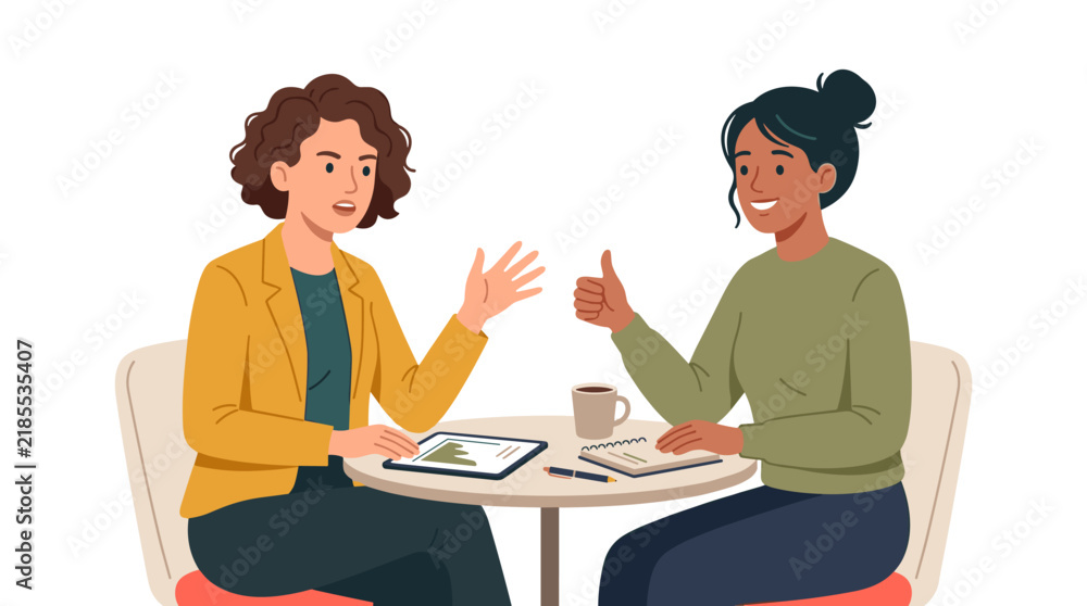 Fototapeta premium Two diverse professional women collaborating at a table with tablet and charts, showing positive feedback and teamwork