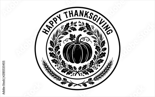 Happy Thanksgiving Pumpkin Emblem with Autumn Leaves and Wreath
