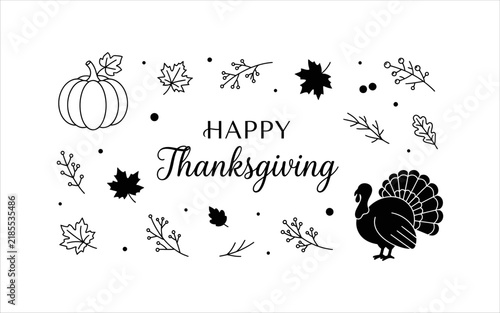Thanksgiving greeting card with festive autumn leaves and turkey illustration