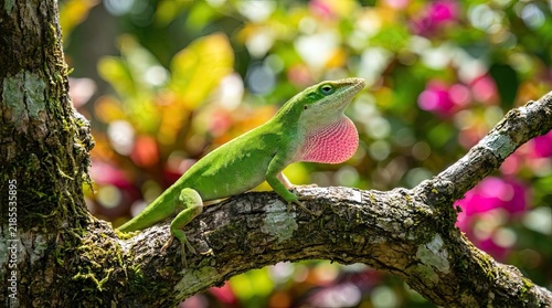 Green anole lizard displaying red dewlap on tree branch