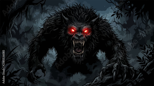 Fierce Werewolf with Glowing Red Eyes on Dark Forest Background