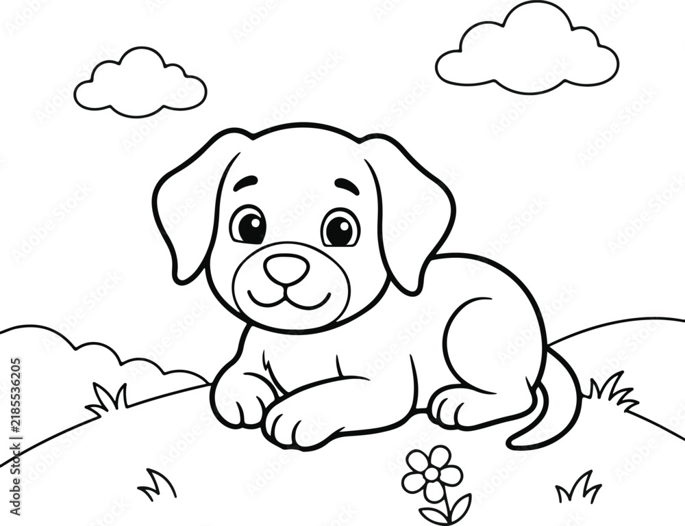Fototapeta premium Cute cartoon puppy lying on a grassy hill with clouds and a flower