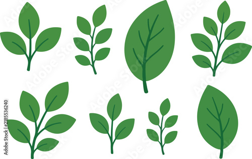 Green Leaf and Branch Icon Set with Flat Botanical Foliage Design Elements