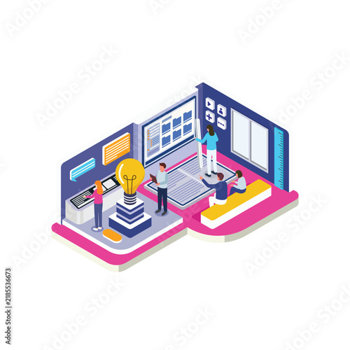 Isometric Digital Learning Innovation Scene with Online Course Interface