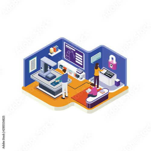 Isometric Advanced Tech Training Center with Students Learning and Security System