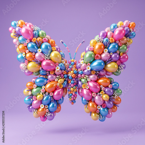 Whimsical Butterfly Art Made of Colorful Balloons and Flowers