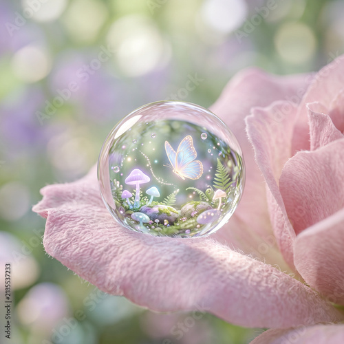 Magical World in a Bubble with Butterfly on a Pink Flower Petal