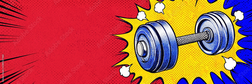 Obraz premium Blue barbell with weight plates appears in a bold comic style against a yellow, red, and blue burst background, suggesting strength and fitness.