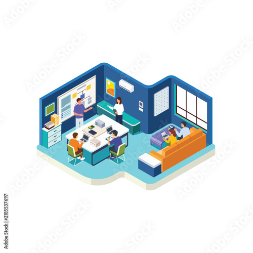 Isometric Education Concept, Classroom Lesson on Whiteboard with Students Studying